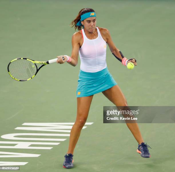 Sorana Cirstea of Romania hits a forehand during the Ladies Singles match against Wang Yafan of China in first round on Day 1 of 2017 Wuhan Open on...