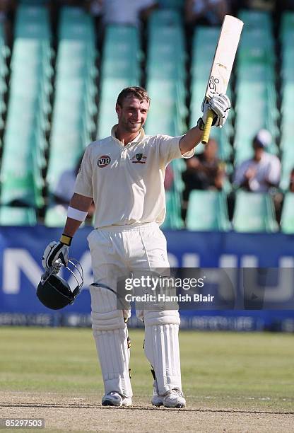 Phil Hughes of Australia celebrates his century during day three of the Second Test between South Africa and Australia played at Kingsmead on March...