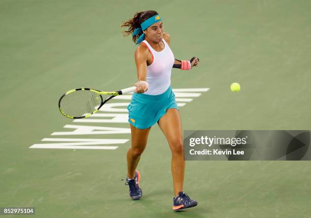 Sorana Cirstea of Romania hits a forehand during the Ladies Singles match against Wang Yafan of China in first round on Day 1 of 2017 Wuhan Open on...