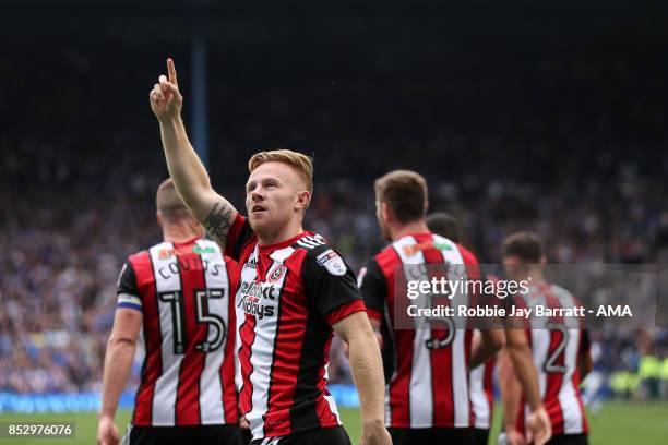 Mark Duffy of Sheffield United celebrates after scoring a goal to make it 2-3 during the Sky Bet Championship match between Sheffield Wednesday and...