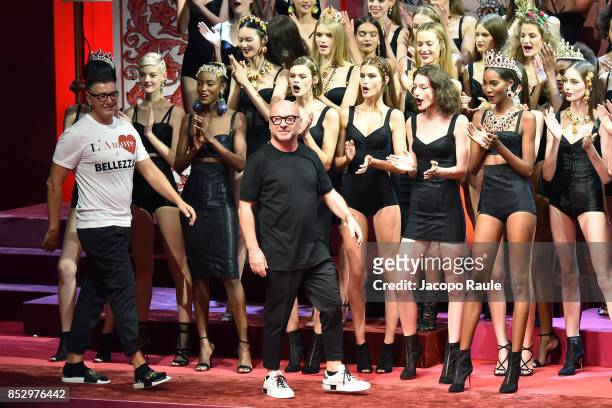 Designer Stefano Gabbana and Domenico Dolce aknowledge the applause of the public after the Dolce & Gabbana show during Milan Fashion Week...