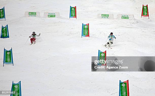 Aiko Uemura of Japan takes 1st place, Miki Ito of Japan takes 2nd place during the FIS Freestyle World Championships - Women's Dual Moguls event on...