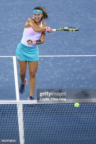 Sorana Cirstea plays a forehand during the match against Wang Yafan on Day 1 of 2017 Dongfeng Motor Wuhan Open at Optics Valley International Tennis...