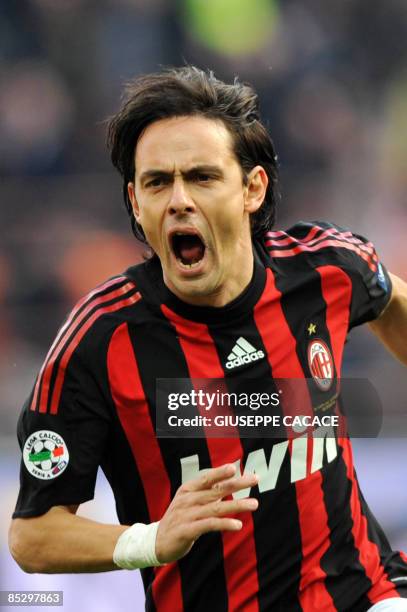 Milan forward Filippo Inzaghi celebrates after scoring during their Serie A football match against Atalanta at San Siro Stadium in Milan on March 8,...