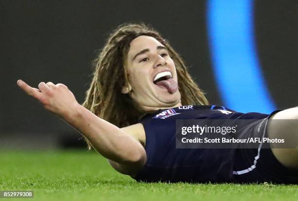 Gryan Miers of the Geelong Falcons celebrates after kicking a goal during the TAC Cup Grand Final match between Geelong and Sandringham at Etihad...