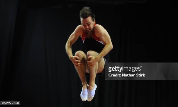 Chris Lunt of Great Britain competes on the DMT during the Trampoline, Tumbling & DMT British Championships at the Echo Arena on September 24, 2017...