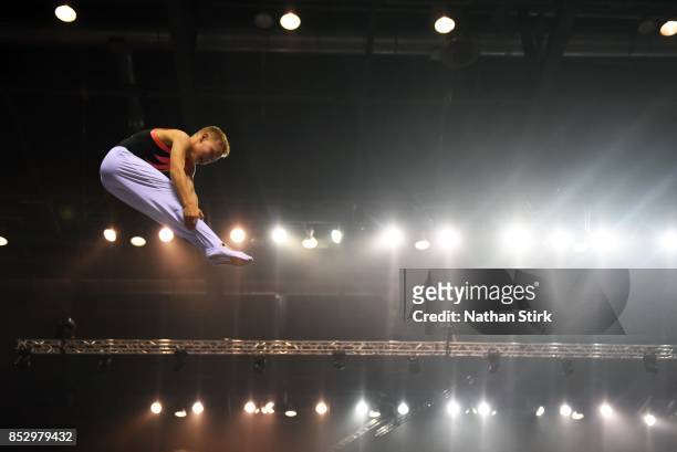 An athlete competes on the trampoline during the Trampoline, Tumbling & DMT British Championships at the Echo Arena on September 24, 2017 in...