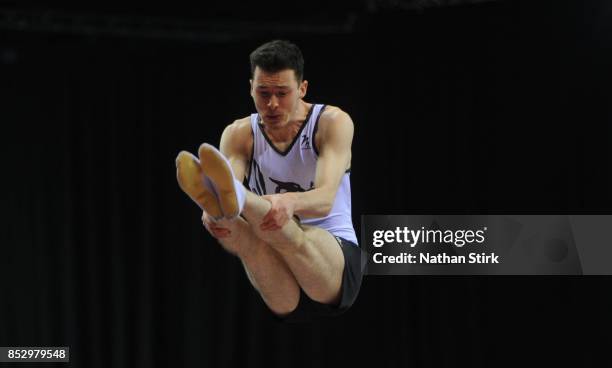 Andrew Houston of Great Britain competes on the DMT during the Trampoline, Tumbling & DMT British Championships at the Echo Arena on September 24,...