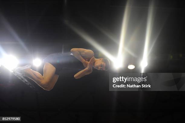 Fraser Mcleod of Great Britain competes on the trampoline during the Trampoline, Tumbling & DMT British Championships at the Echo Arena on September...