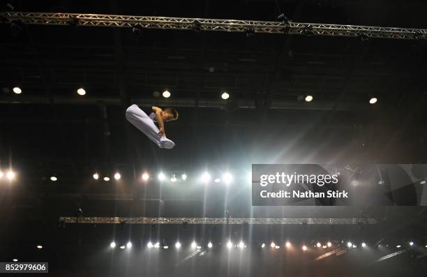 Issac Cheney of Great Britain competes on the trampoline during the Trampoline, Tumbling & DMT British Championships at the Echo Arena on September...