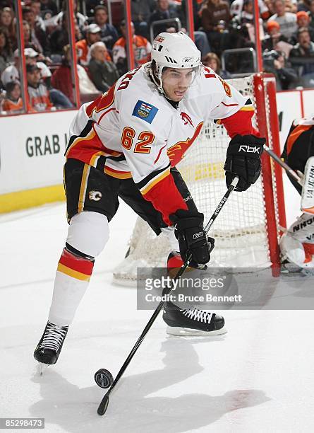 Kris Chucko of the Calgary Flames skates in his first NHL game against the Philadelphia Flyers on March 5, 2009 at the Wachovia Center in...
