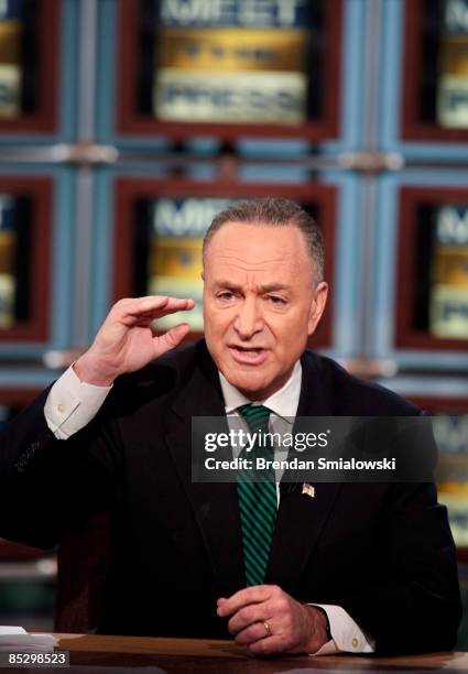 Sen. Charles Schumer speaks during a live taping of "Meet the Press" at NBC studios March 8, 2009 in Washington, DC. Sen. Lindsey Graham , Sen. Chuck...