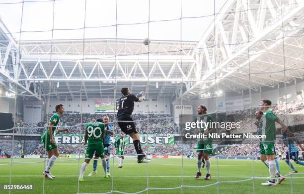 Johan Wiland, goalkeeper of Hammarby IF makes a save during the Allsvenskan match between Djurgardens IF and Hammarby IF at Tele2 Arena on September...