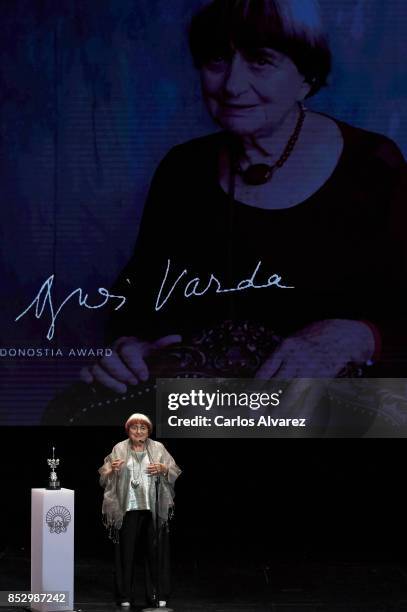 Director Agnes Varda receives the Donosti Award during the 65th San Sebastian International Film Internacional Festival at the Eugenia Victoria...