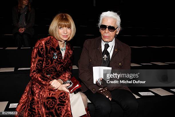 Anna Wintour and Karl Lagerfeld attend the Karl Lagerfeld Ready-to-Wear A/W 2009 fashion show during Paris Fashion Week at Espace Ephemere Tuileries...