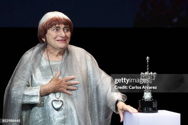 Director Agnes Varda receives the Donosti Award during the 65th San Sebastian International Film Internacional Festival at the Eugenia Victoria...