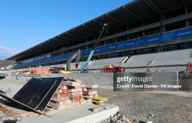 Construction takes place around the Start/Finish Grandstand and exit of the pit lane where the new Russian Grand Prix will run in Sochi in October...