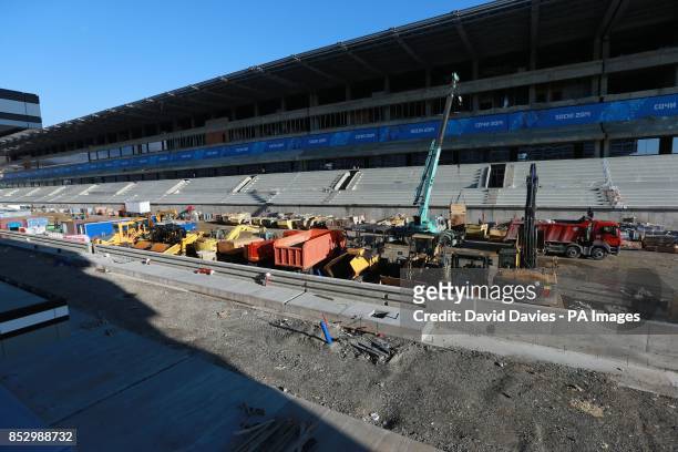 Construction takes place around the Start/Finish Grandstand and the pit lane where the new Russian Grand Prix will run in Sochi in October this year.