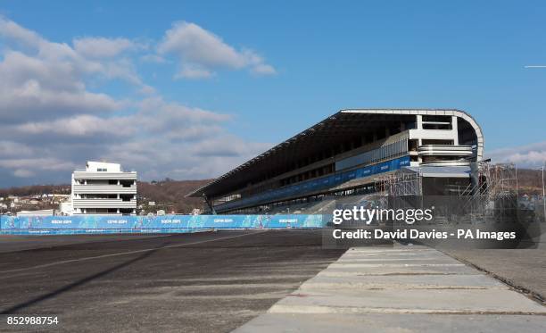 Rumble strips mark the track around the first corner with the start finish Grandstand where the new Russian Grand Prix will run in Sochi in October...