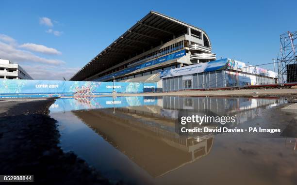 Construction takes place around the start finish Grandstand where the new Russian Grand Prix will run in Sochi in October this year.