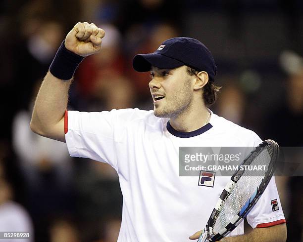 Britain's Chris Eaton celebrates his 6-3,4-6,7-6 win against Ukraine's Illya Marchenko in the Europe/Africa zone Group I, second round Davis Cup...