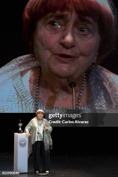 Director Agnes Varda receives the Donosti Award during the 65th San Sebastian International Film Internacional Festival at the Eugenia Victoria...