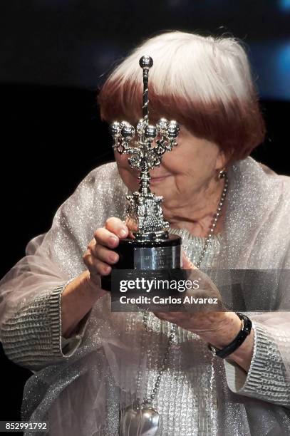 Director Agnes Varda receives the Donosti Award during the 65th San Sebastian International Film Internacional Festival at the Eugenia Victoria...