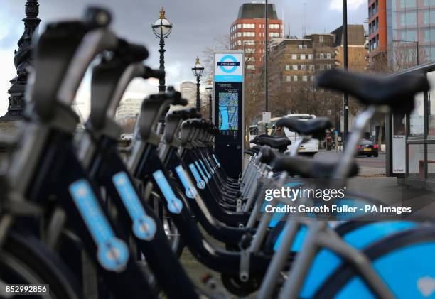 Barclays Cycle Hire bikes popularly known as 'Boris Bikes' ready for use on the Albert Embankment in London.