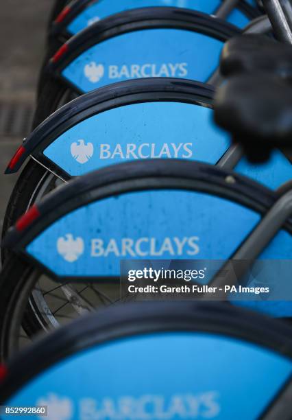 Barclays Cycle Hire bikes popularly known as 'Boris Bikes' ready for use on the Albert Embankment in London.