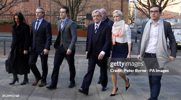 Coronation Street actor Bill Roache arrives at Preston Crown Court, with Rosalind Bennett and her husband Linus Roache, James Roache, daughter Verity...