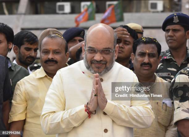 President Amit Shah arrives to attend the Bharatiya Janata Party office bearers and two-day national executive meetings at NDMC convention centre, on...