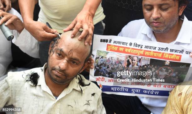 Members of Youth Congress protest against the atrocities of UP Police on BHU students specially girls at Raisina Road, on September 24, 2017 in New...