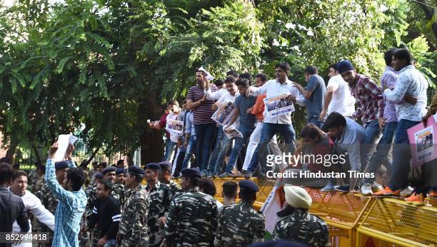 Members of Youth Congress protest against the atrocities of UP Police on BHU students specially girls at Raisina Road, on September 24, 2017 in New...