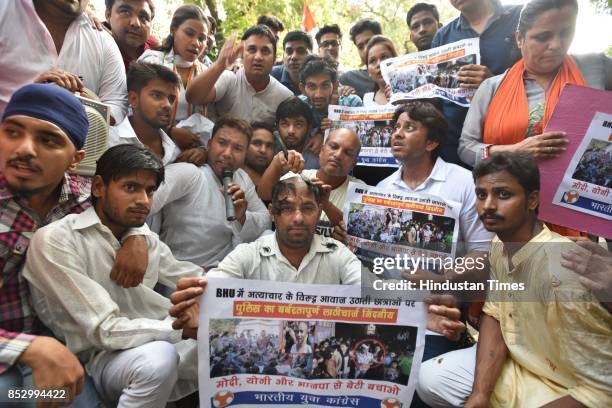 Members of Youth Congress protest against the atrocities of UP Police on BHU students specially girls at Raisina Road, on September 24, 2017 in New...