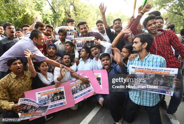 Members of Youth Congress protest against the atrocities of UP Police on BHU students specially girls at Raisina Road, on September 24, 2017 in New...