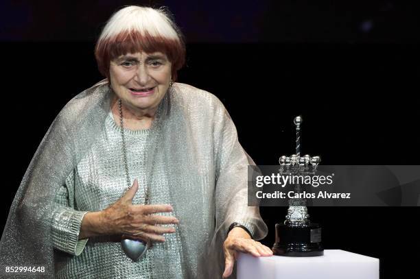 Director Agnes Varda receives the Donosti Award during the 65th San Sebastian International Film Internacional Festival at the Eugenia Victoria...