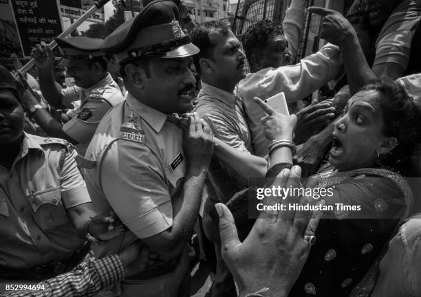 Shiv Sena activists had minor scuffle with police during protest against BJP government for the rising prices of petrol and diesel at Kurla, on...