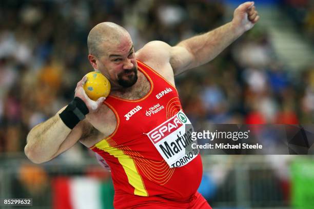 Manuel Martinez of Spain competes in the Mens Shot Put Final during day three of the European Athletics Indoor Championships at the Oval Lingotto on...