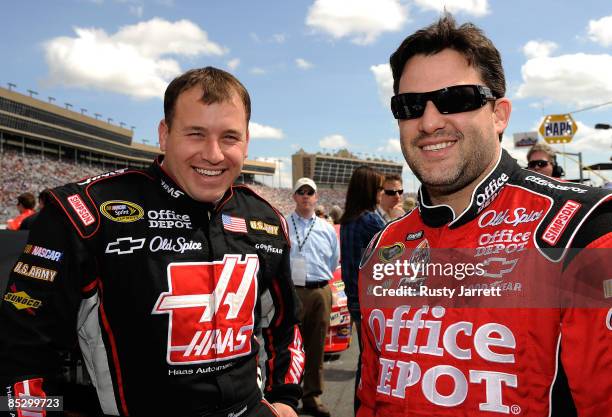 Ryan Newman, driver of the Haas Automation Chevrolet shares a laugh with his car owner and driver of the Office Depot/Old Spice Chevrolet, Tony...