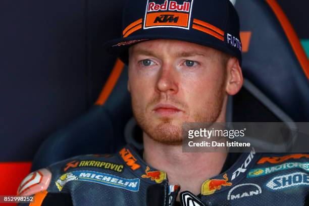 Bradley Smith of Great Britain and Red Bull KTM Factory Racing prepares in the garage before the MotoGP of Aragon at Motorland Aragon Circuit on...