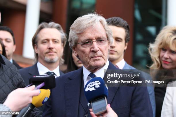 Coronation Street actor William Roache outside Preston Crown Court, with sons Linus Roache and James Roache as he was today found not guilty by a...