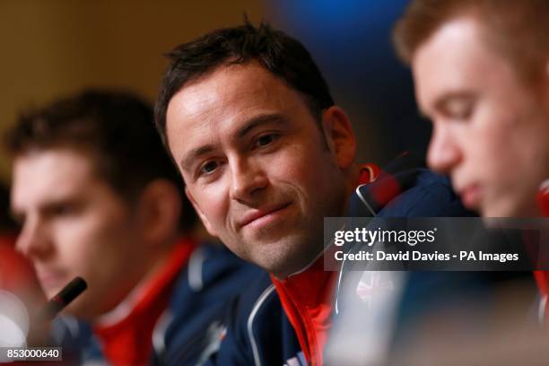 Great Britain's Tom Brewster in a press conference during the 2014 Sochi Olympic Games in Krasnaya Polyana, Russia.