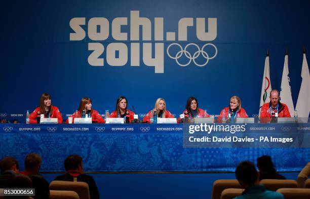 Great Britain's Lauren Gray, Claire Hamilton, Vicki Adams, Anna Sloan, Eve Muirhead, National Coach Rhona Howie and Team Coach Dave Hay during press...