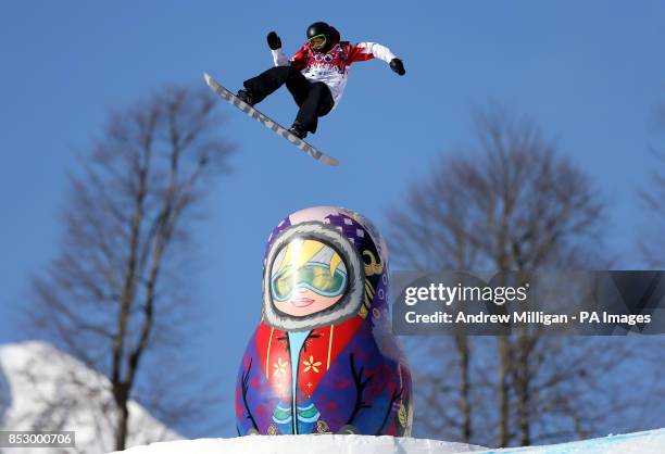 Canada's Maxence Parrot during snowboard Slopestyle training at the Rosa Khutor Extreme Park during the 2014 Sochi Olympic Games in Krasnaya Polyana,...