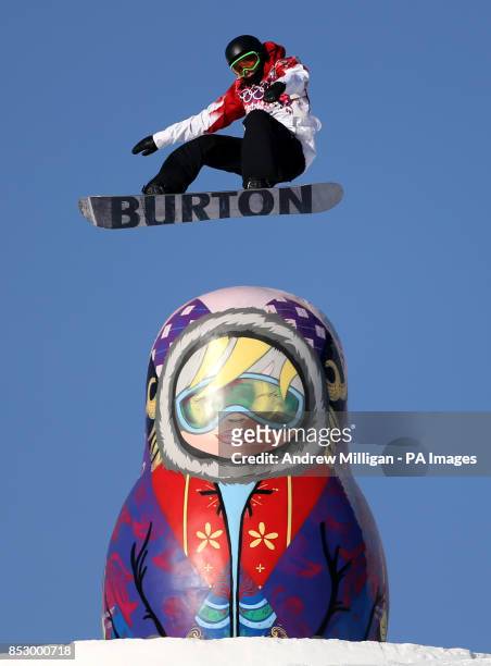 Canada's Maxence Parrot during snowboard Slopestyle training at the Rosa Khutor Extreme Park during the 2014 Sochi Olympic Games in Krasnaya Polyana,...