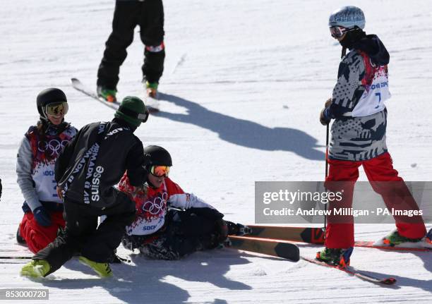 Great Britain's James Woods after falling during ski Slopestyle training at the Rosa Khutor Extreme Park during the 2014 Sochi Olympic Games in...