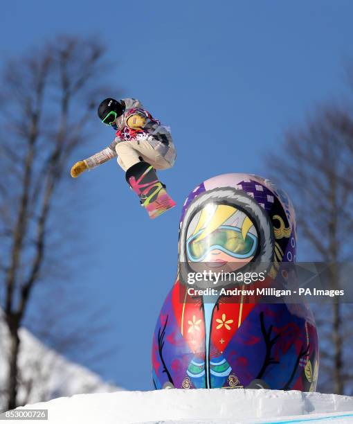 Competitor makes a jump during snowboard Slopestyle training at the Rosa Khutor Extreme Park during the 2014 Sochi Olympic Games in Krasnaya Polyana,...