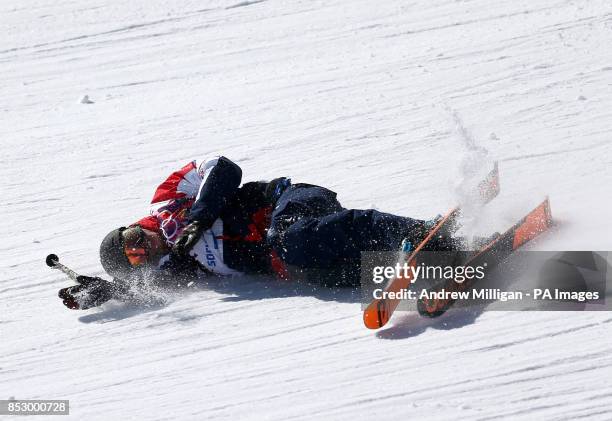 Great Britain's James Woods falls during ski Slopestyle training at the Rosa Khutor Extreme Park during the 2014 Sochi Olympic Games in Krasnaya...