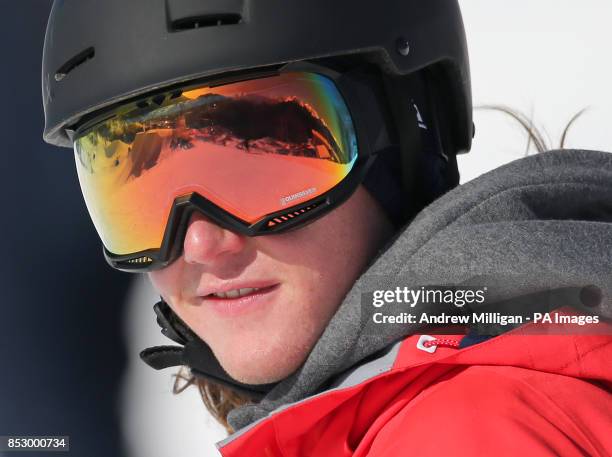The course is reflected in the goggles of Great Britain's James Woods during ski Slopestyle training at the Rosa Khutor Extreme Park during the 2014...