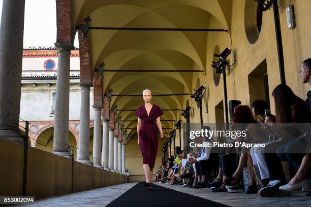 Model walks the runway at the Mila Schon show during Milan Fashion Week Spring/Summer 2018 on September 24, 2017 in Milan, Italy.